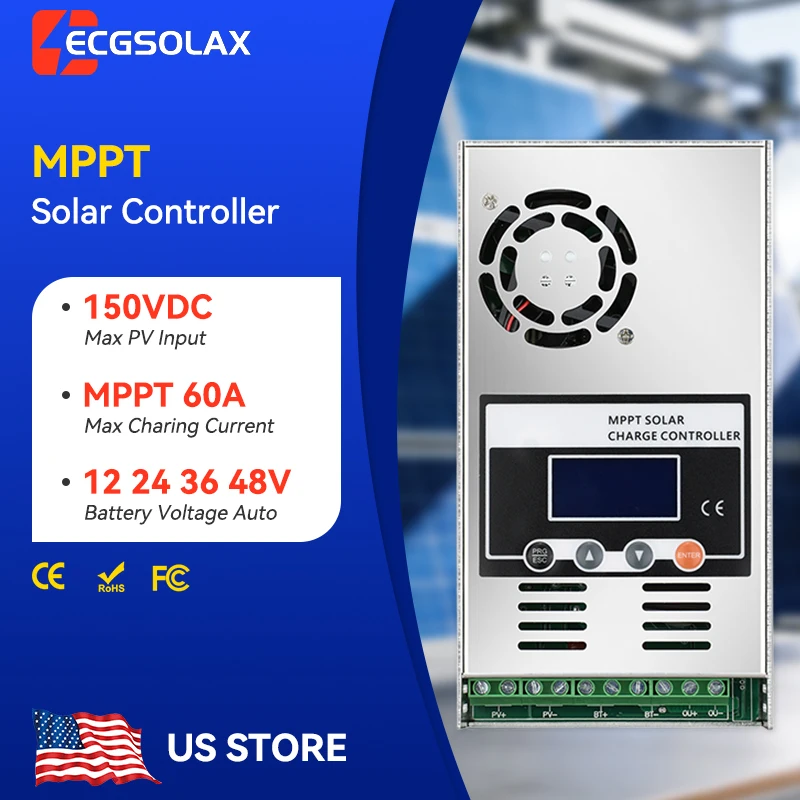 Controlador de Carga Solar MPPT ECGSOLAX 60A, 12V 24V 36V 48V, Controlador de Carga de Batería, 60A Máx., PV 150VDC, Compatible con Baterías de Litio