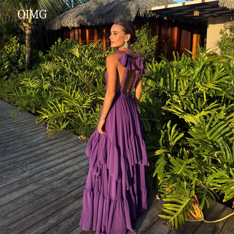 OIMG Viola Scollo a V A Line Abiti da ballo Chiffon Backless Increspato Abito da festa Lunghezza pavimento Abito da sera perfetto per feste Personalizzato