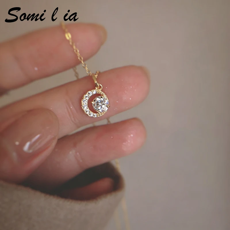 S925 Sterling Silver Sun Moon Star Women Necklace,18K Gold Plated Zircon Pendant,Dainty Elegant Clavicle Chain Office Jewelry