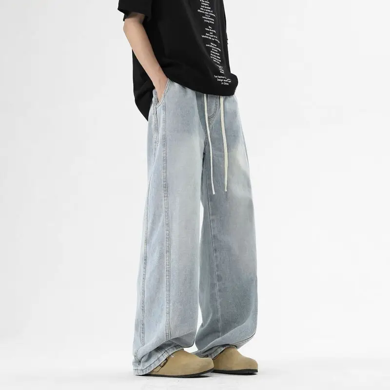 남성용 오버사이즈 워싱 데님 진 봄 가을 캐주얼 팬츠, 하이 스트리트 루즈 스트레이트 와이드 패치워크 팬츠