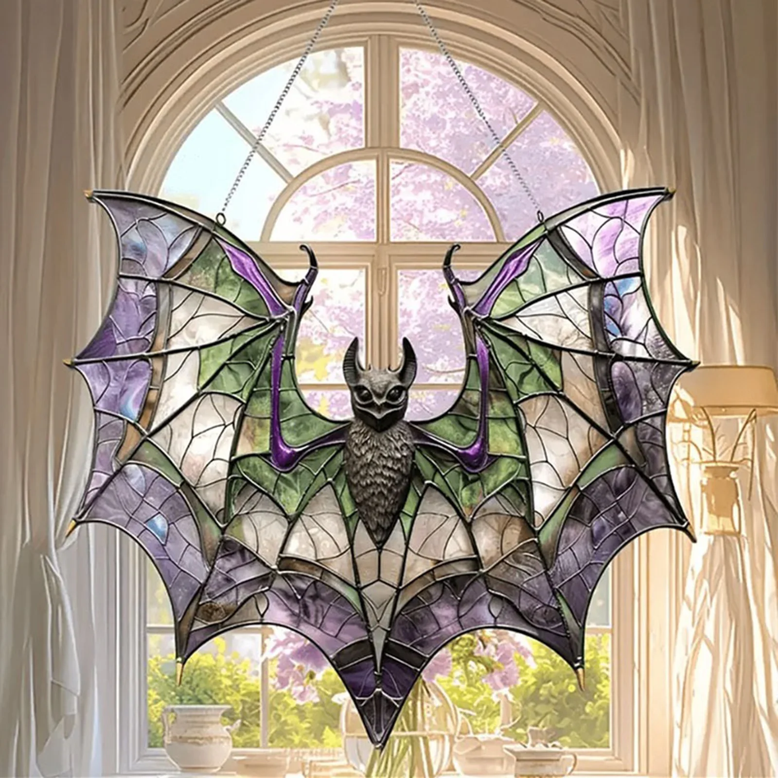 Halloween Hanging Bat Stained Window Bat Suncatchers Wall Art with Metal Chain for Home Indoor Outdoor Decoration Party Props