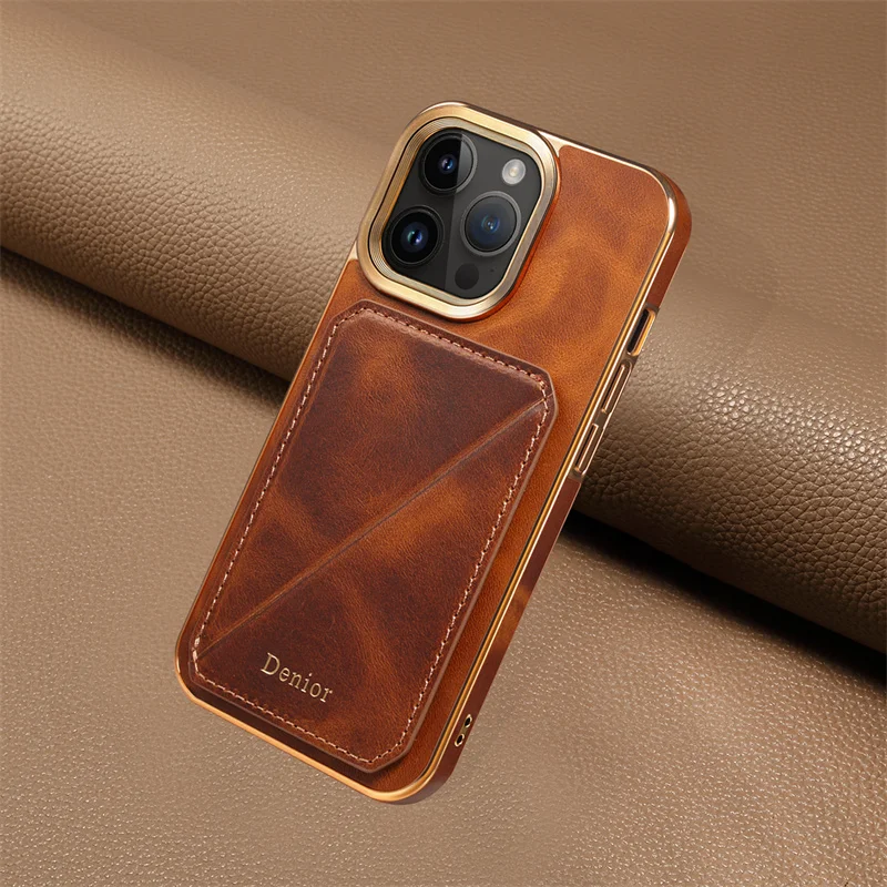 Denior Suitable For IPhone 15Pro/14Plus Business Leather Back Cover For IPhone 13/12ProMax Stand Slot Shock-Absorbing Phone Case