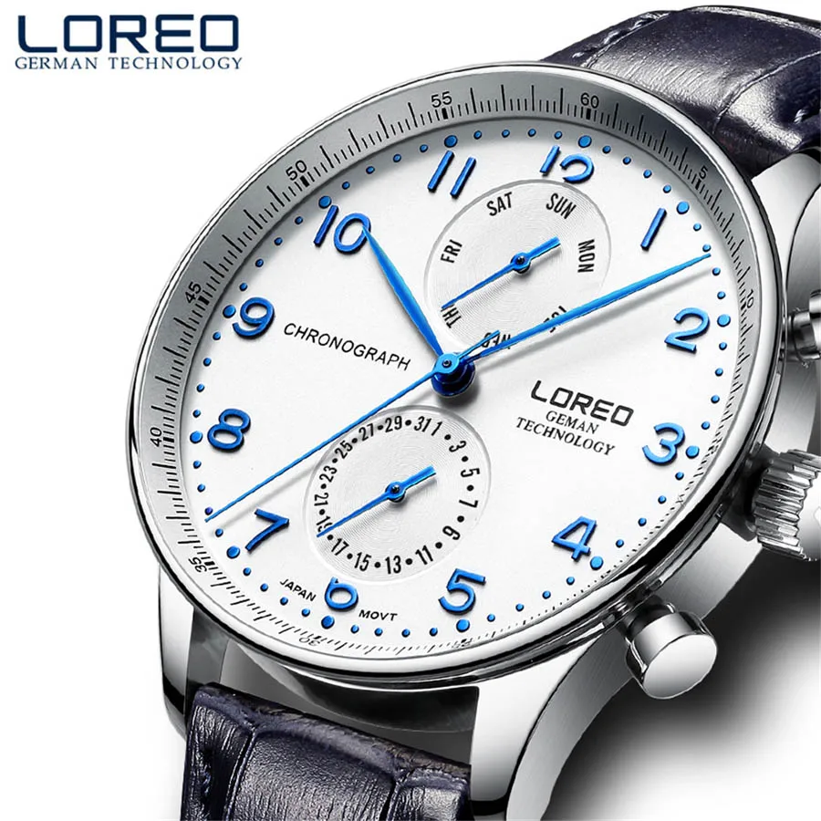 LOREO Pilot Blue Dial Business Men Classic Design Leather Watchband Waterproof Quartz Watch Watches Montre Homme Dropshipping