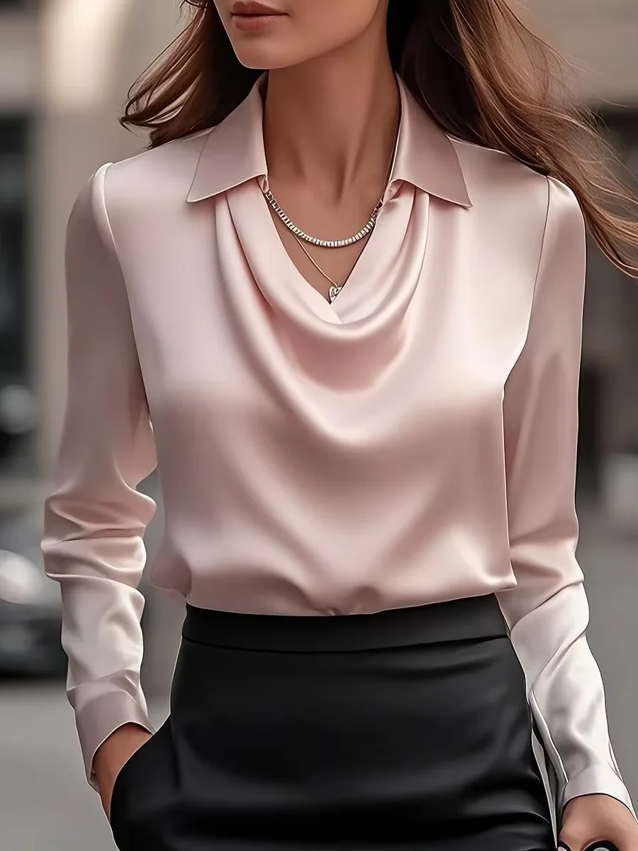 

Women Elegant Office Lady Satin Shirt Turn Down Cowl Collar Long Sleeve Solid High Street Blouse Shirt for Female Autumn Tops