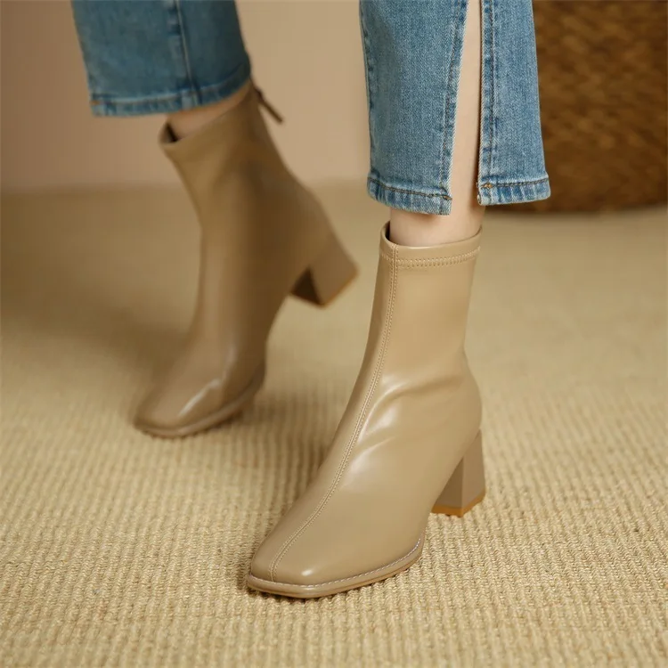 2024 Short Autumn Winter Popular New Low Cut Elastic Slim Women's Square Toe Thick Heel British Style Fashion Short Boots  Heels