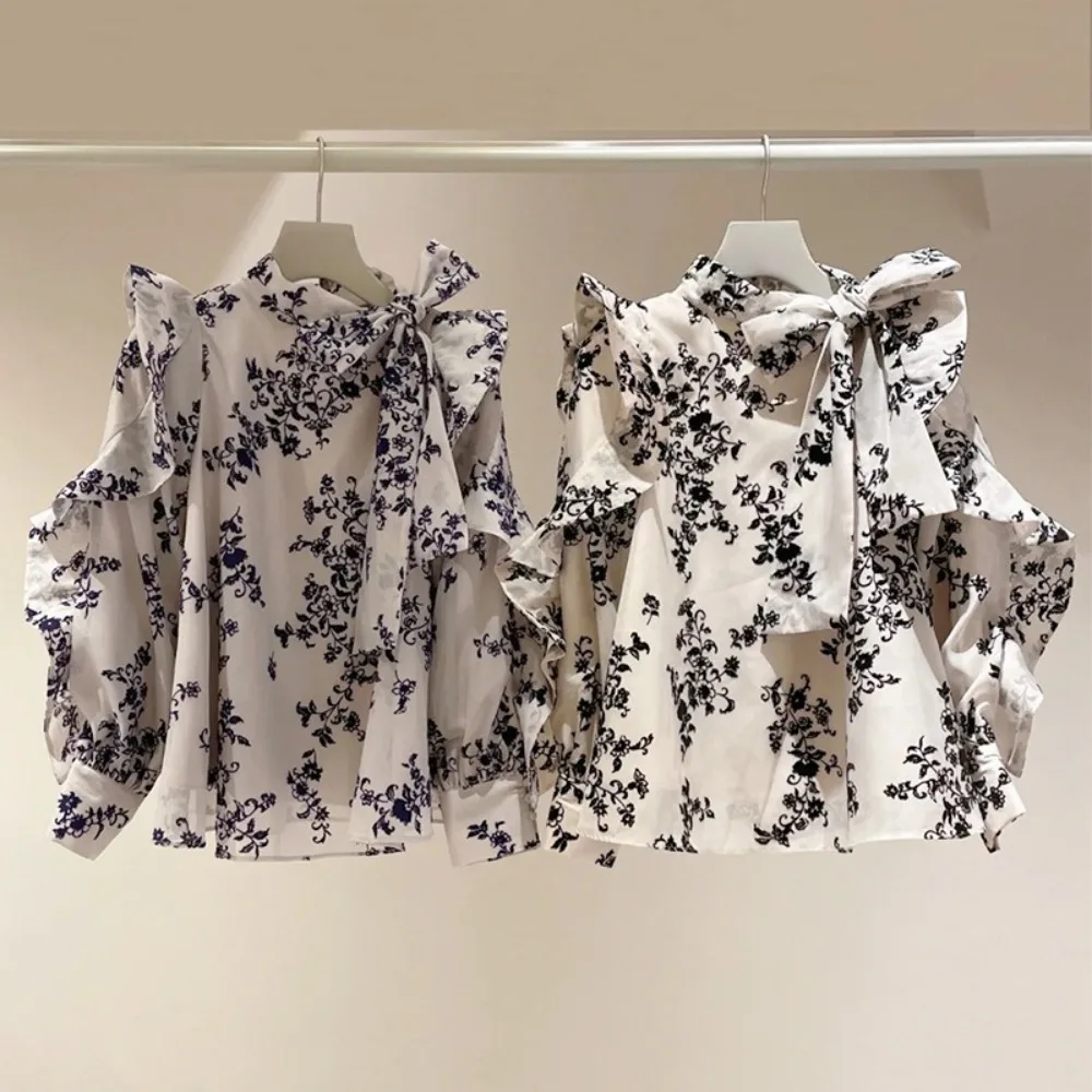 

Повседневные универсальные блузки с бантом, японские французские грибы, свежие топы меньшинств, пуловер на шнуровке с принтом, рубашка, сладкий топ с круглым вырезом