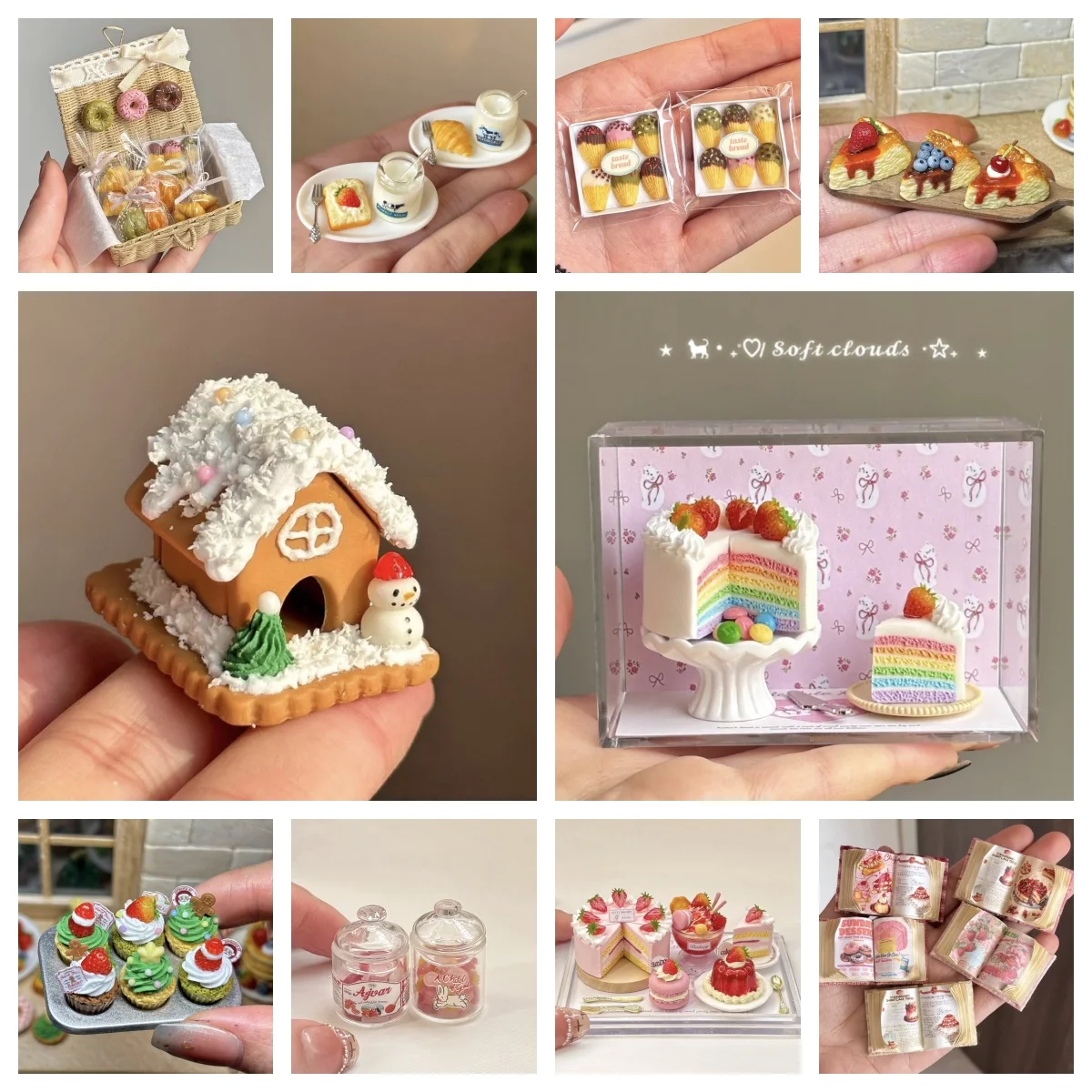 

Коллекция миниатюрных десертов ручной работы 1/6: Радужный торт, пирожное «Матча-бабочка» и синякви (голубика) в тематическом футляре для кукольного домика