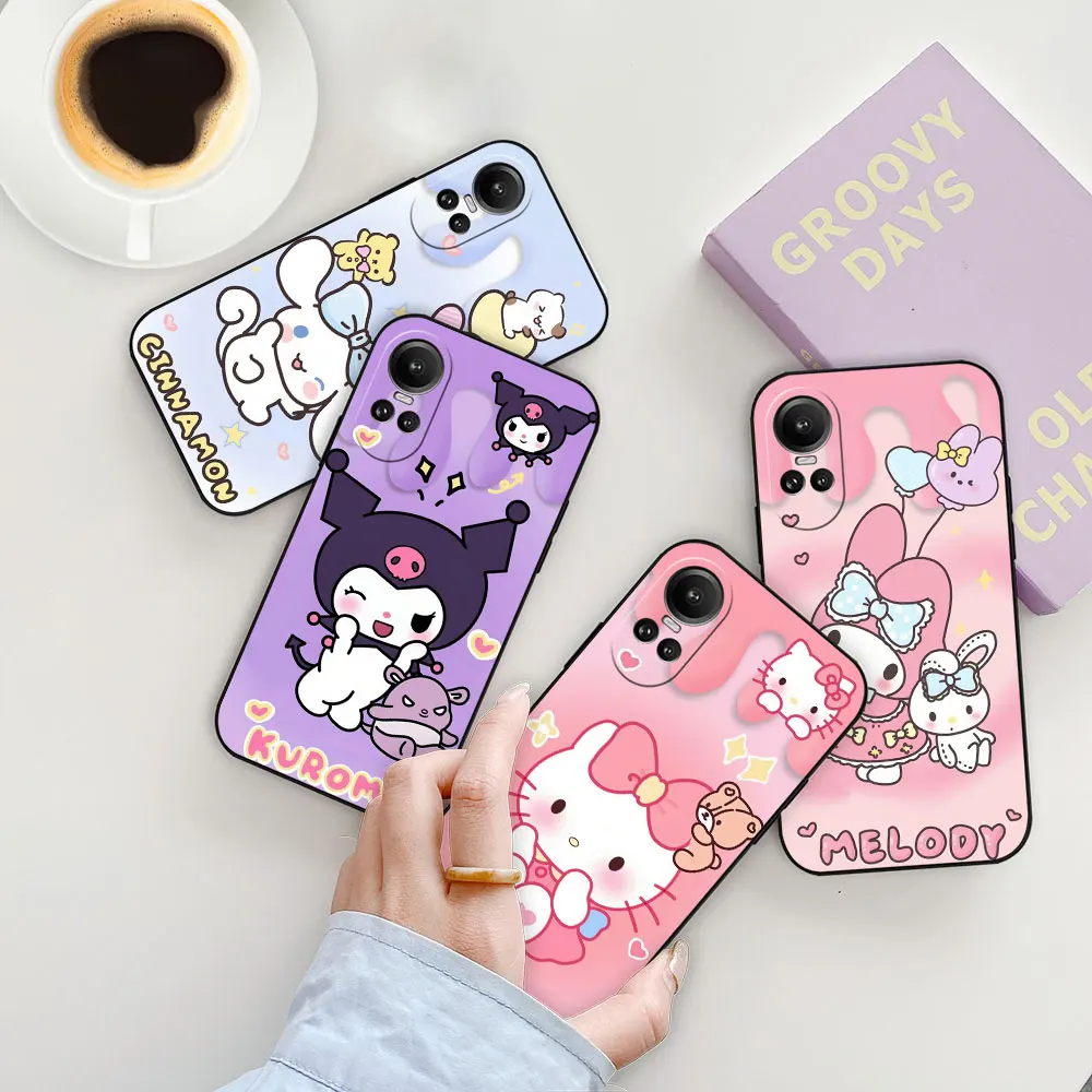 Anime Hello Kitty Kuromi My Melody Phone Case For OPPO Reno 11 11F 10 10X 8 8T 8Z 7 7Z 6 6Z 5 4 Pro Plus 4G 5G Black Soft Cover