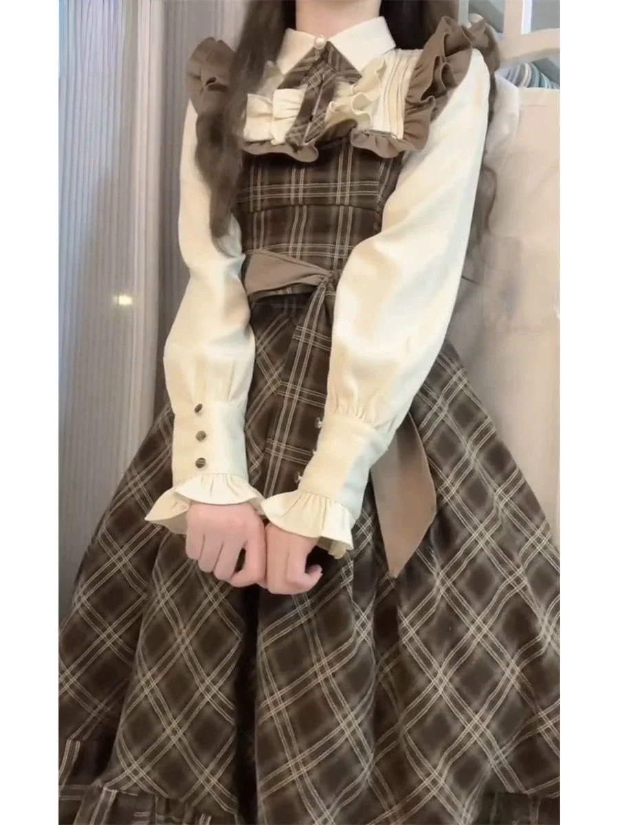 Sistema de té francés a cuadros Retro adelgazante pajarita falda a cuadros moda coreana traje universitario de primavera