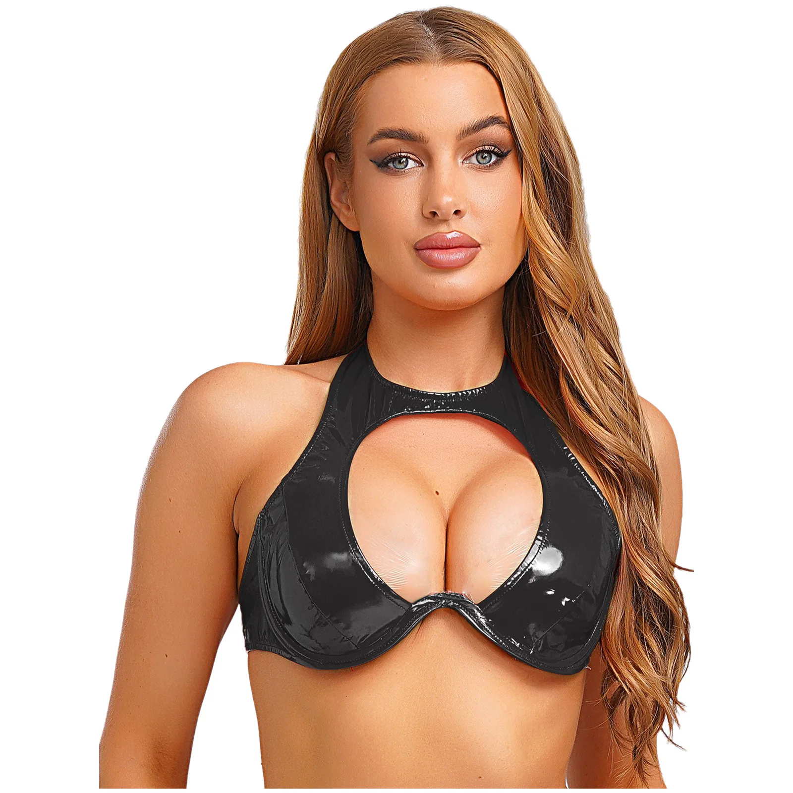 

Sexy Halter Push Up Bra Adult Women Patent Leather Underwire Bra Tops Backless Bustier Pool Parties Beachwear Daily Underwear