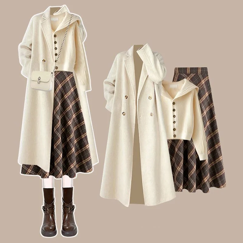 

Korean Style Long Coat Navy Collar Knitted Sweater Plaid Skirt Three Piece Set Elegant Women's Skirt Set