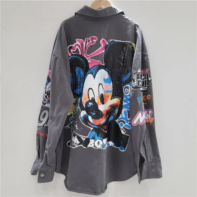 European Fashion Cartoon Print Long Sleeve Shirt for Women Early Autumn New European Style Printed Loose Coat Denim Jacket