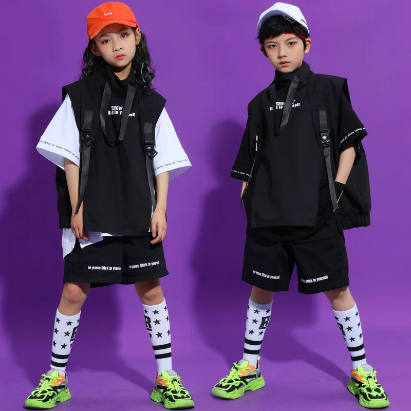Tuta hip-hop per bambini Ragazzi larghi e belli passerella Jazz Dance Pantaloncini neri a maniche corte