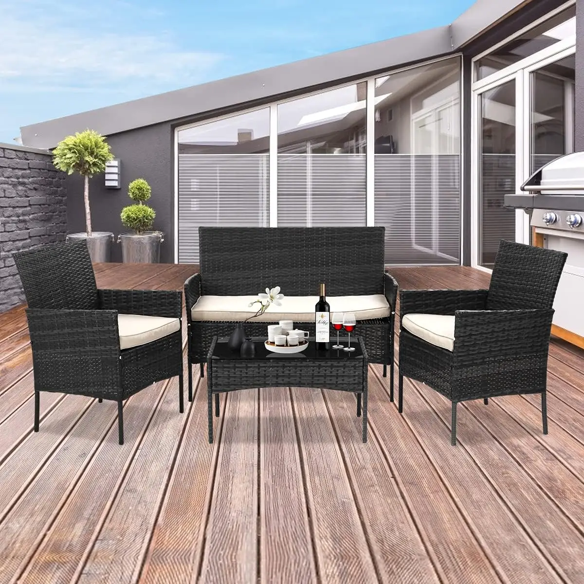 Outdoor Rattan cadeira conversação conjunto, sofá de vime, varanda, conjuntos Bistro, Loveseat para varanda, piscina, quintal, preto, 4pcs