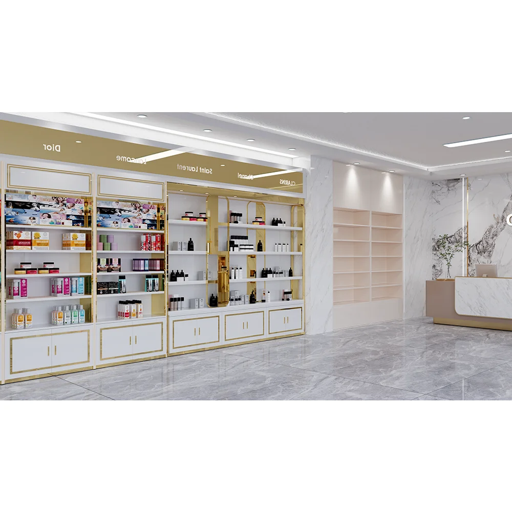 Rak Display Parfum LED Logo Kustom, Meja Display Kosmetik Putih untuk Salon Kecantikan