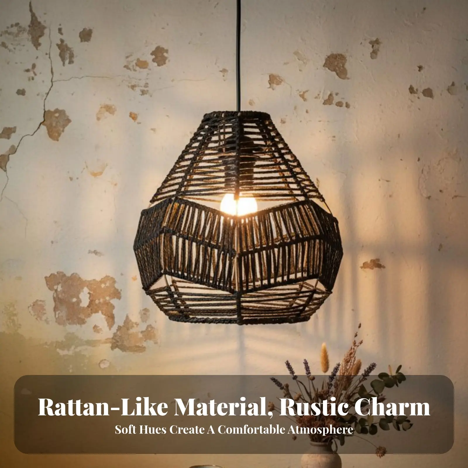 

Woven Hanging Lampshade Natural Material Handmade Chandelier Shade Boho Hanging Lamp Hollow-Openwork Design Indoor Lighting