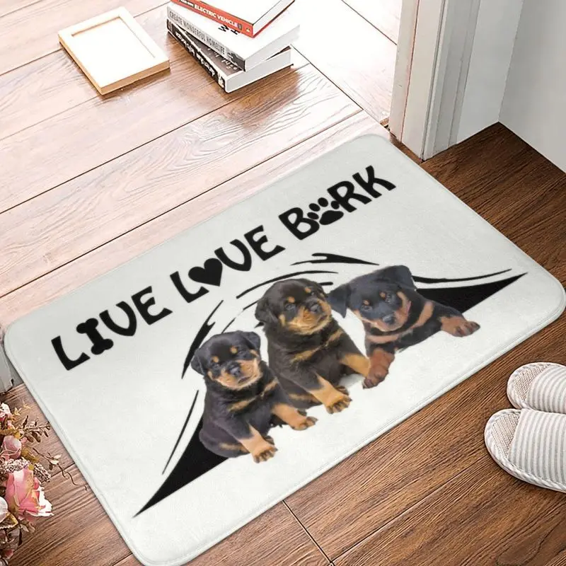 Live Love Bark Rottweiler Puppies Front Door Mat Anti-Slip Outdoor Quick Dry Animal Dog Doormat Garage Entrance Rug Carpet