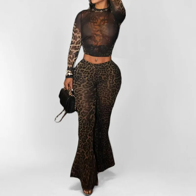 SsTss 2025 Nieuwe Sexy Mode Luipaard Print Lange Mouw Bodycon Shirt Top & Dames Hoge Taille Slim Fit Broek 2-delige Set