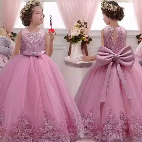 children's dress 3-12 year old embroidered bow wedding dress girl princess dress girl birthday party evening Back Dew Bride dres