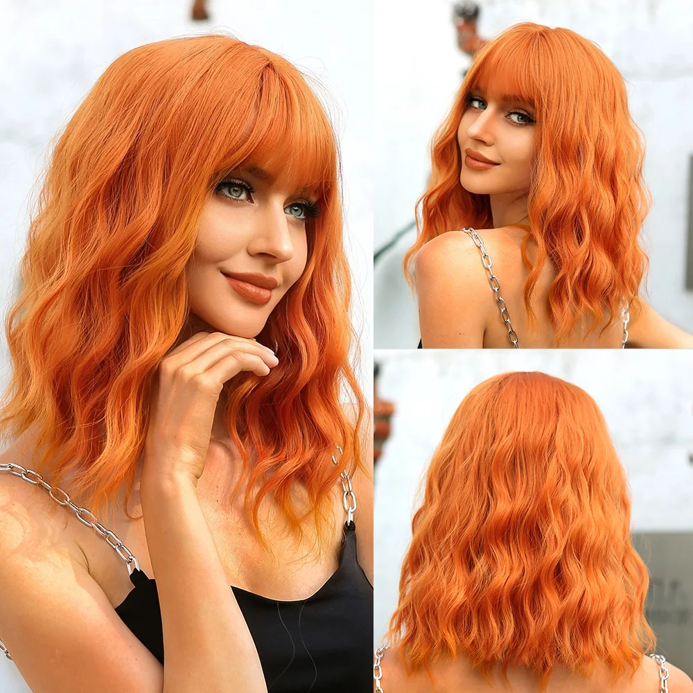 Synthetic Orange Cosplay Wig with Bangs for Women Shoulder Long Curly Copper Ginger Wigs Natural Heat Resistant Halloween Hair