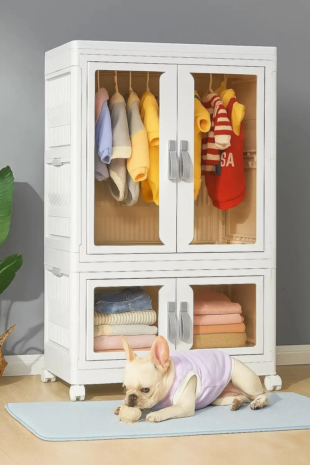 Pet Clothing Storage Cabinet with Hanging Rod Foldable Plastic Storage Bin 2-Tier Dog Clothes Organizer for Small Pets Lightw - view 6
