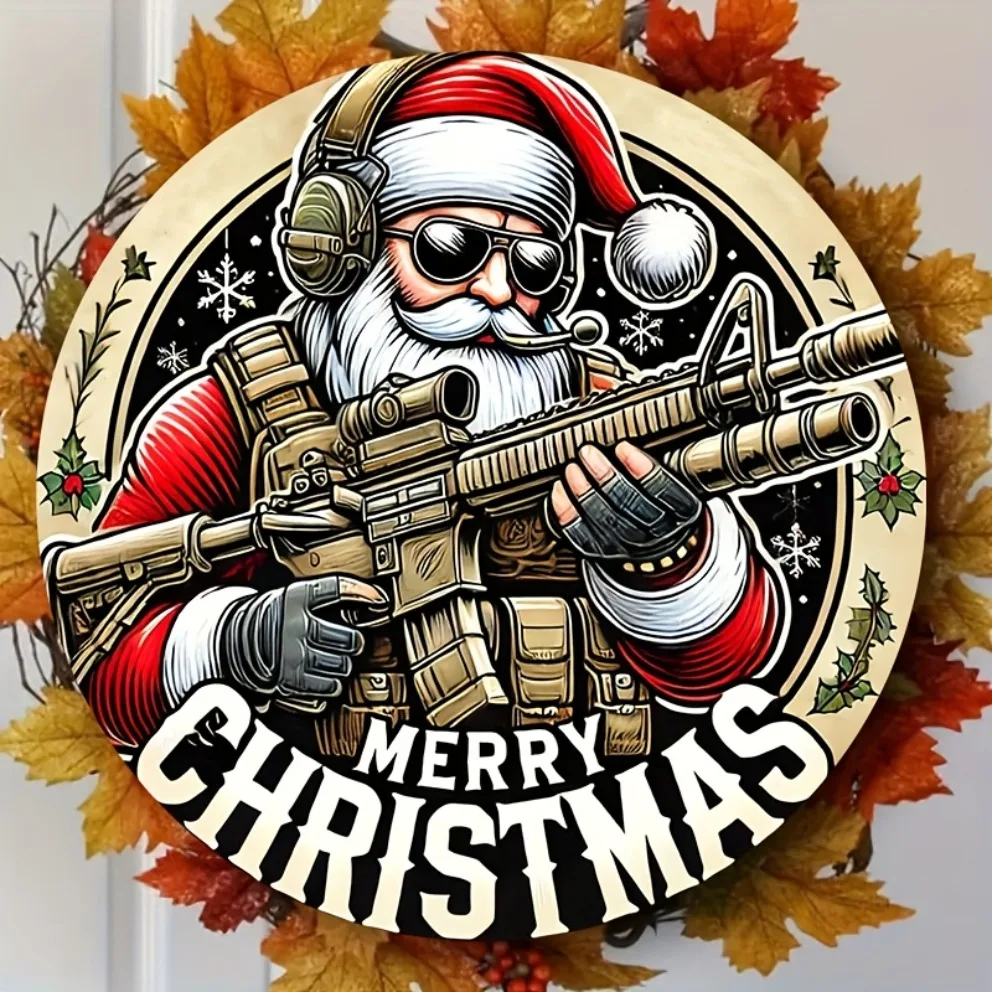 التكتيكية سانتا علامة معدنية تنقش الجندي سانتا مع بندقية قناص وديكور المنزل عيد الميلاد ، موضوع عسكري عطلة الطرف #6