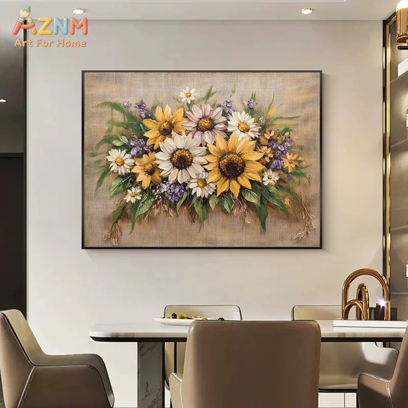 AZNM Vintage Sunflower Canvas Wall Art Rustic Floral Oil Painting Style Print for Living Room Decor