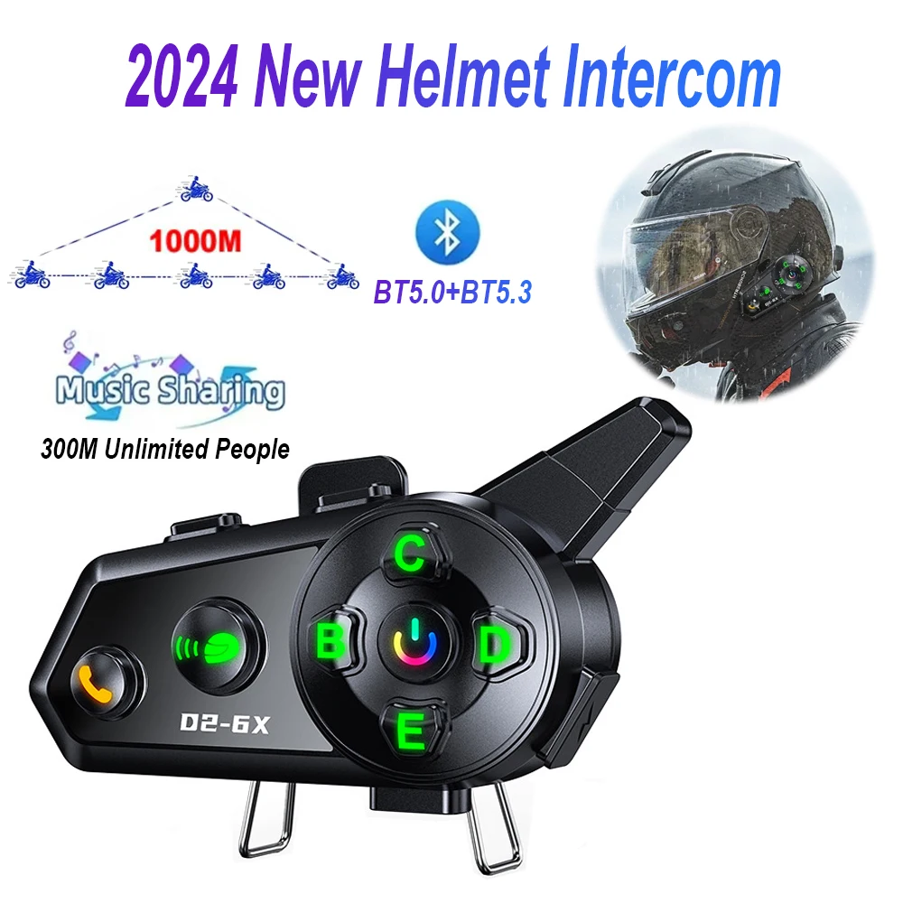 D2-6X Motorcycle Helmet Bluetooth 6 Rider Intercom Headset 1000M Intercom Waterproof Noise Reduction Bt5.3 300M Music Sharing