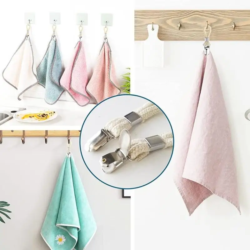 {MX} 1/8/10Pcs Braided Cotton Loop Metal Towel Clip Towel Clips  Bathroom Kitchen Hand Towel Clamp Hat Hanger Storage Holder