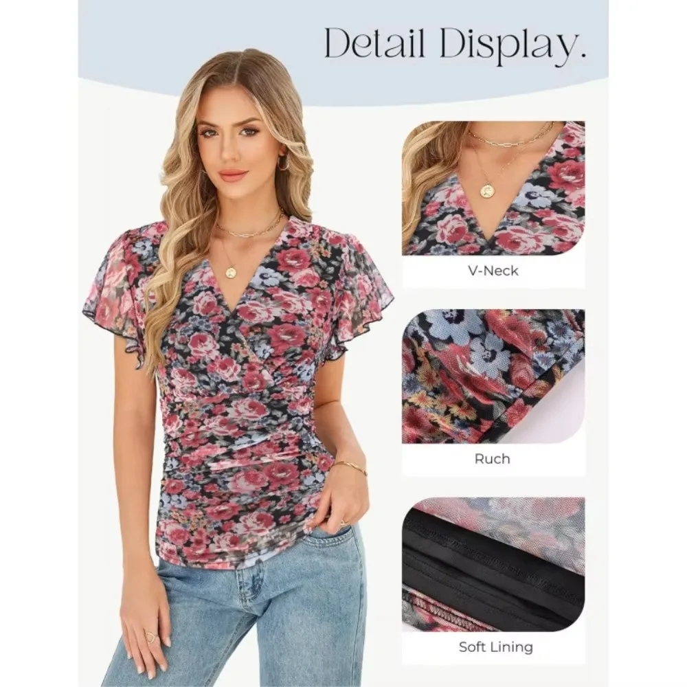 Women V Neck Ruffle Sleeve Printed Blouse, Smart Casual Shirt Soft Breathable Flowy Flattering For Work Vacation Summer