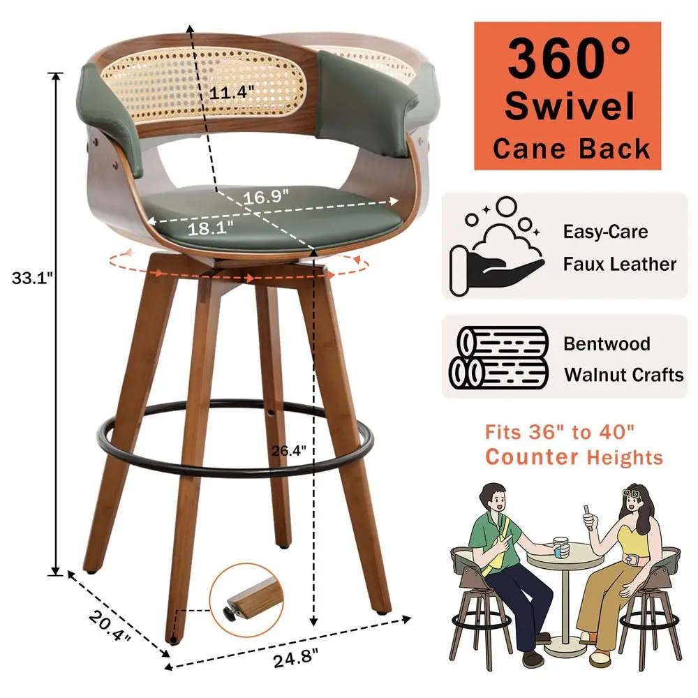 

of 2 Rattan Swivel Counter Stools 26.4 inch Mid Century Modern Counter Stools with Cane Back, Upholstered Seat, Curved Arms, Ba