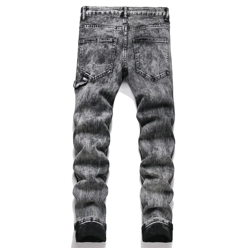 Men Crystal Patch Denim Jeans Streetwear Slim Straight Pants Gray Black Stretch Cotton Trousers
