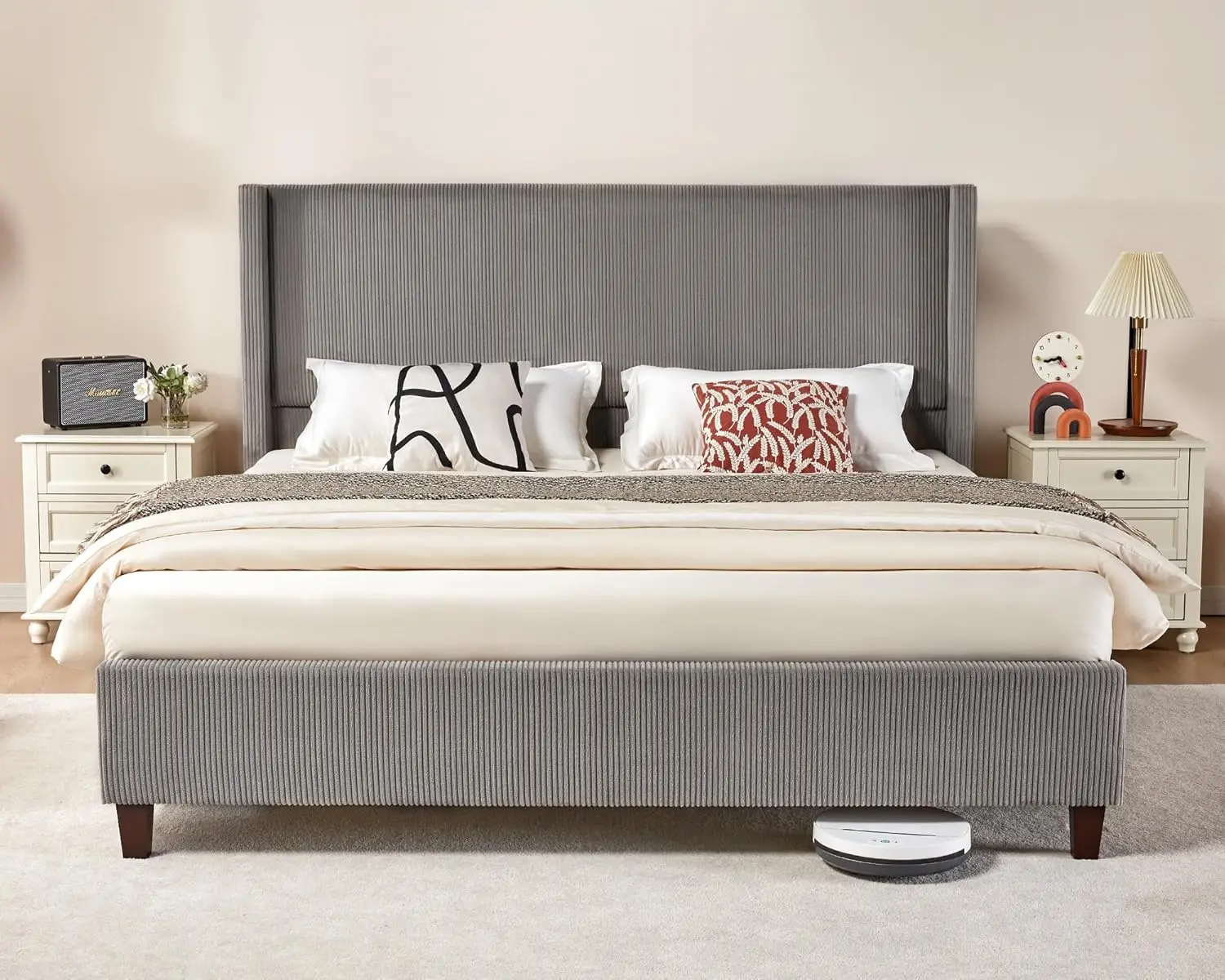 إطار سرير بمنصة بحجم كوين، سرير منجد من سروال قصير مقاس 50.8 بوصة مع لوح رأسي معنقدة بقناة عمودية/شرائح خشبية/ظهر مجنح/بدون بو #1