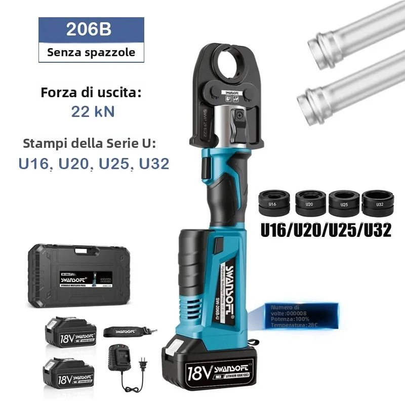 SWANSOFT: strumento elettrico idraulico per la pressatura di tubi, con set di utensili per la crimpatura di tubi senza fili, modello U, per tubi in rame, tubi in acciaio inossidabile e tubi compositi,