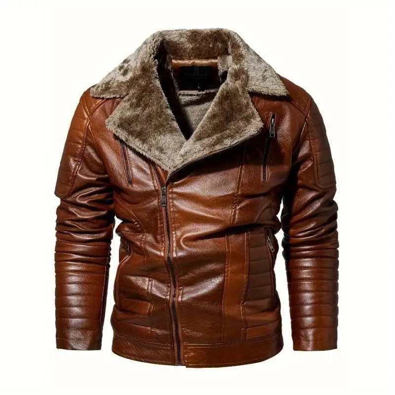 Men's Fleece Lined Leather Jacket V-Neck Sleeveless Embroidered Loose Fit Mid-Length PU Material New Style Face Furlined Jacket