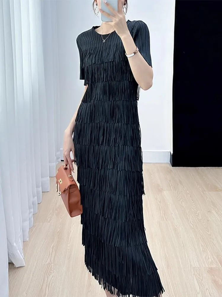 

Summer New Style Women's Dress round Neck Skirt Sequin Splicing Cake Skirt High-End Sensation Polyester Fiber Short Sleeve