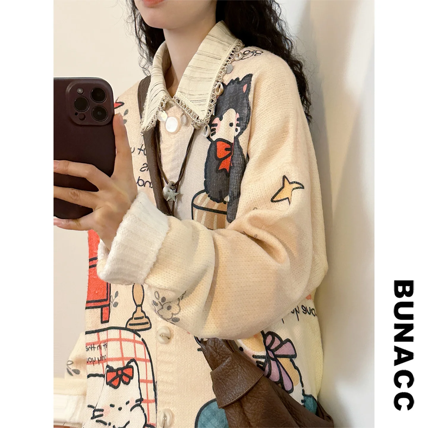 

Повседневный свободный кардиган с круглым вырезом и мультяшным принтом, осенне-зимняя женская модная куртка из комфортного мягкого материала