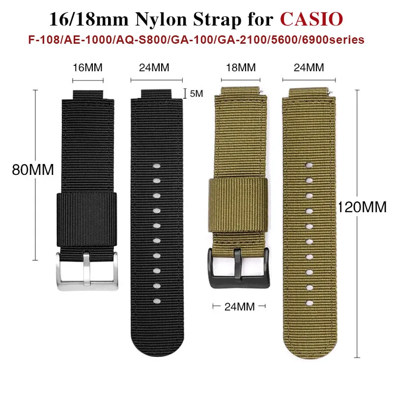 16mm 18mm Nylon Strap for Casio F-108/AE-1000/GA-100/GA-2100/5600/6900series Canvas Watch Band Quick Release Men\'s Accessories