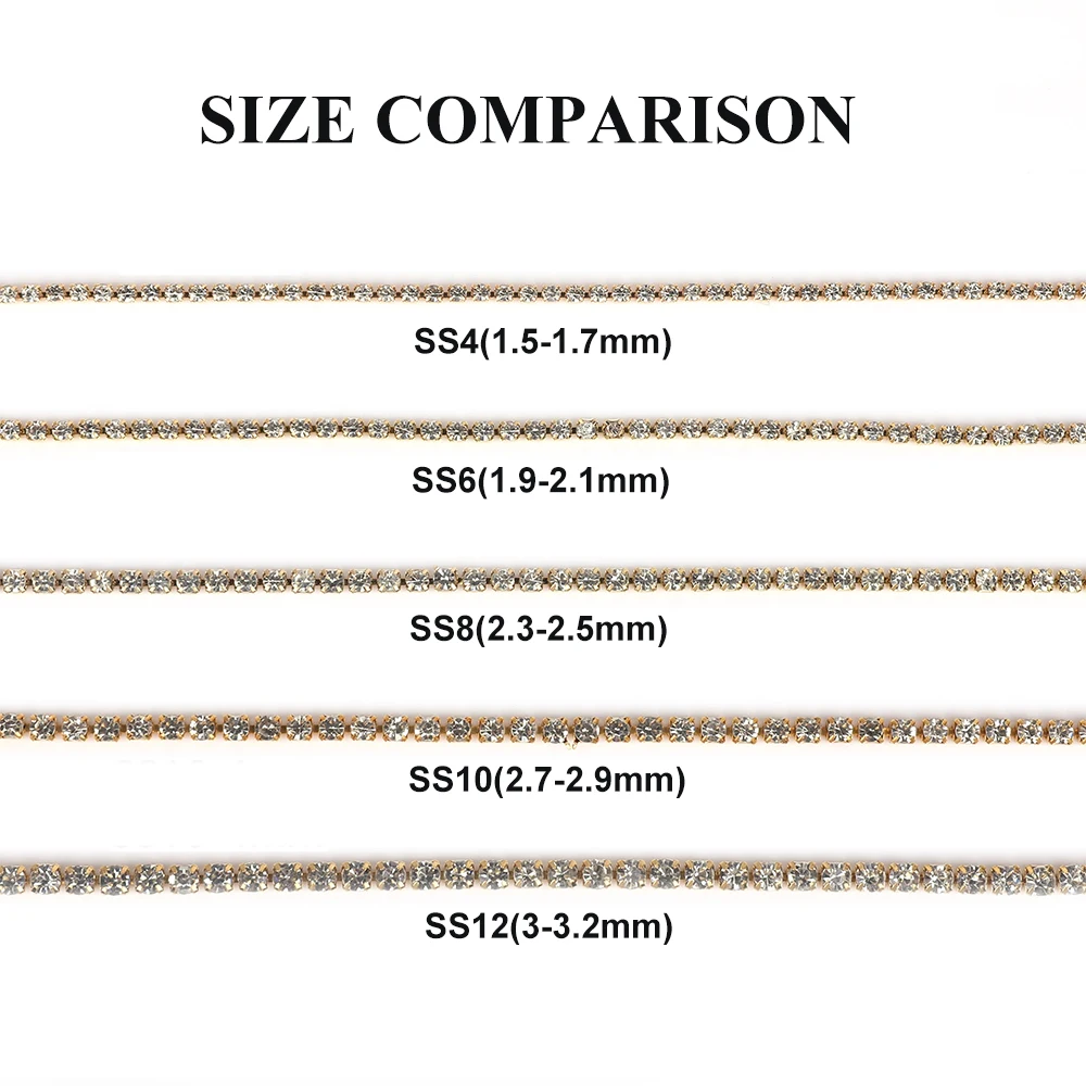10m Goldboden Glitzer-Glas-Kristall-Strass-Kette zum Aufnähen für DIY-Schmuck, Näharbeiten und Bekleidungszubehör – Detail 1