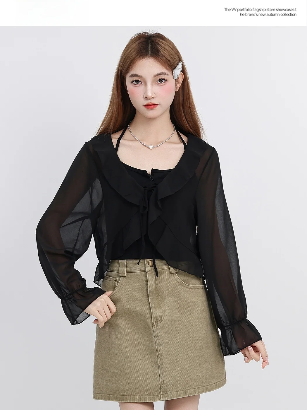 

Summer New Women's Loose Long Sve ort Coat Faion Bell Sve Top Thin Belted Hemline Outerwear round Ne Sti Together