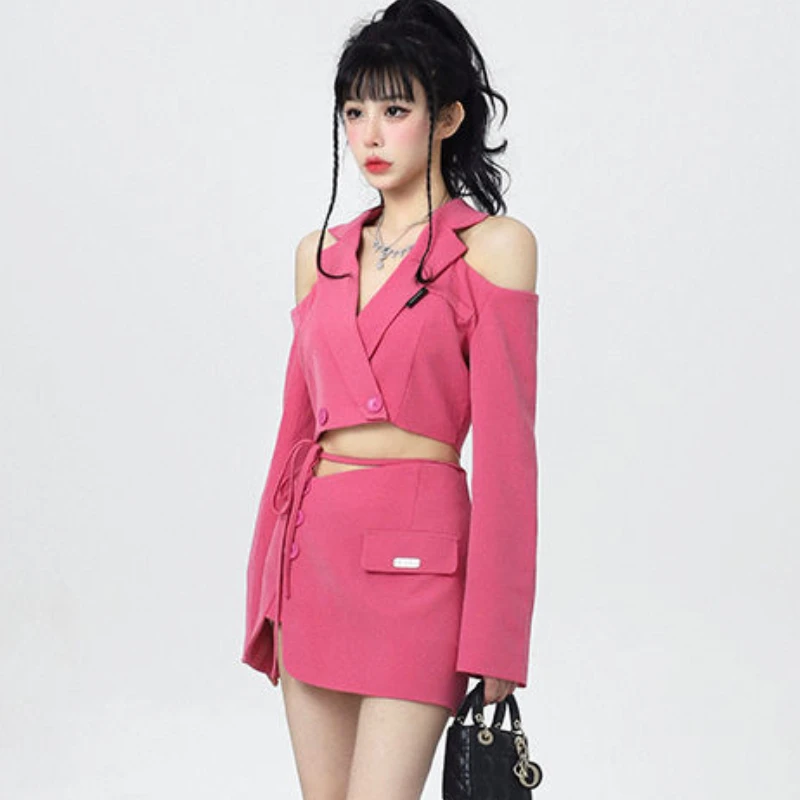 Off Shoulder Drawstring Skirts Sets Turn Down Collar Blazer Crop Tops Mini Sexy Female Slim Short Skirt 2022 Fashion Woman Set