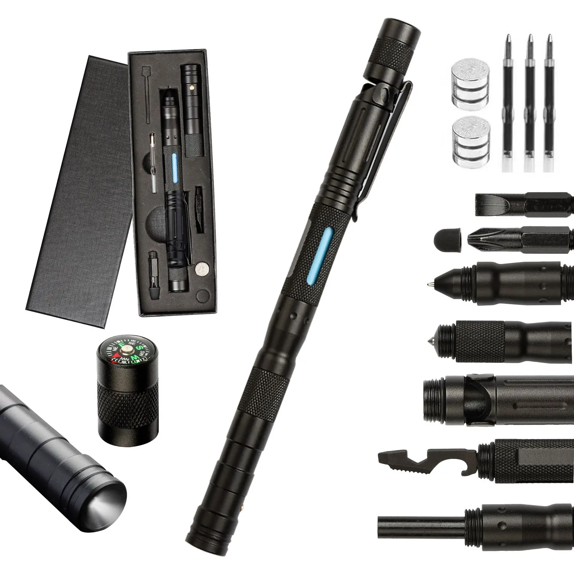 Peak Wolf Enhanced Edition Multi-functional Self-Defense Pen with Compass Aluminum Alloy Tactical Outdoor Defense Tool for Safet