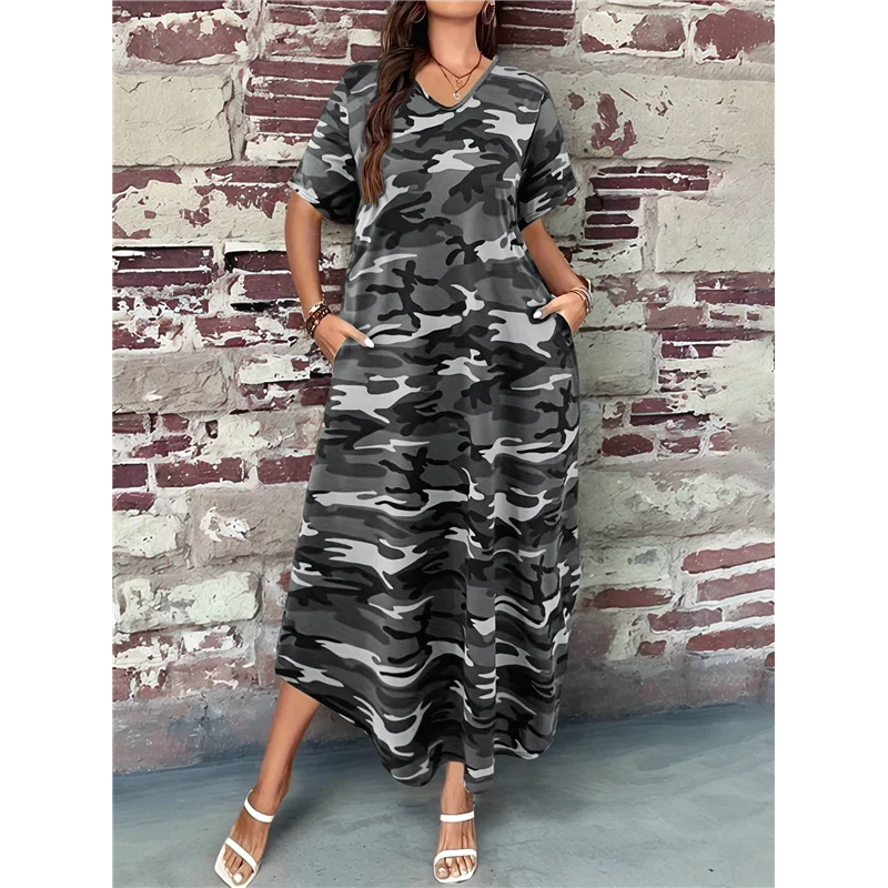 A83F- فستان تي شيرت صيفي كاجوال للنساء فضفاض بأكمام قصيرة مع جيب للنساء