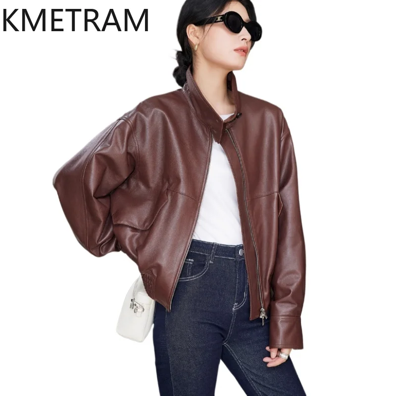 

Куртка из 100% овчины, женская винтажная коричневая куртка из натуральной кожи, женская новая верхняя одежда, осенняя одежда 2025 куртка кожаная