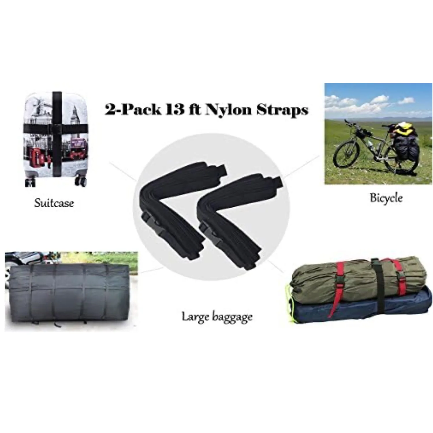 

Комплект из 2 нейлоновых ремней длиной 400 см с быстросъемной пряжкой, регулируемые универсальные стяжные ремни для автомобильного багажника, велосипеда, матраса, кемпинга