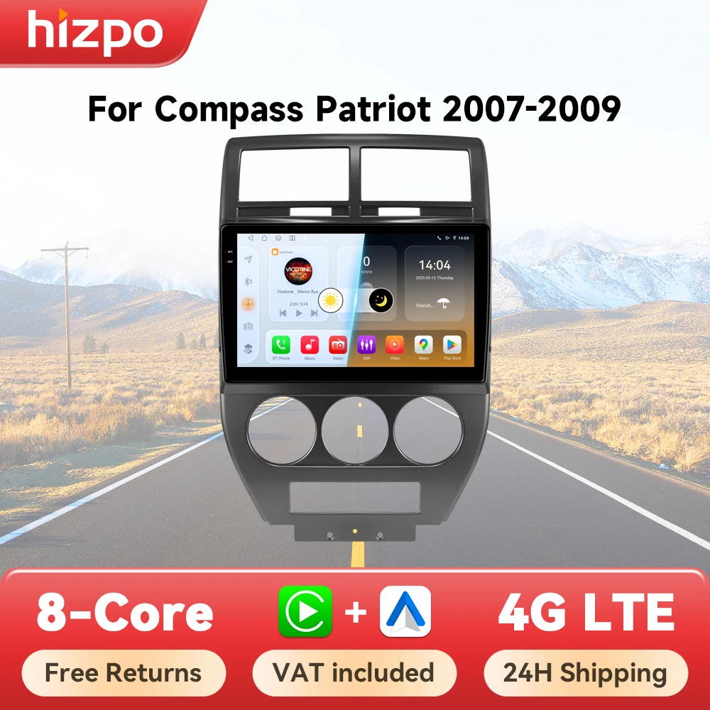 Hizpo Android 14 von Qualcomm Autoradio-Player für Jeep Compass Patriot 2007 2008 2009 Carplay Stereo WLAN+4G KI-Sprachnavigation