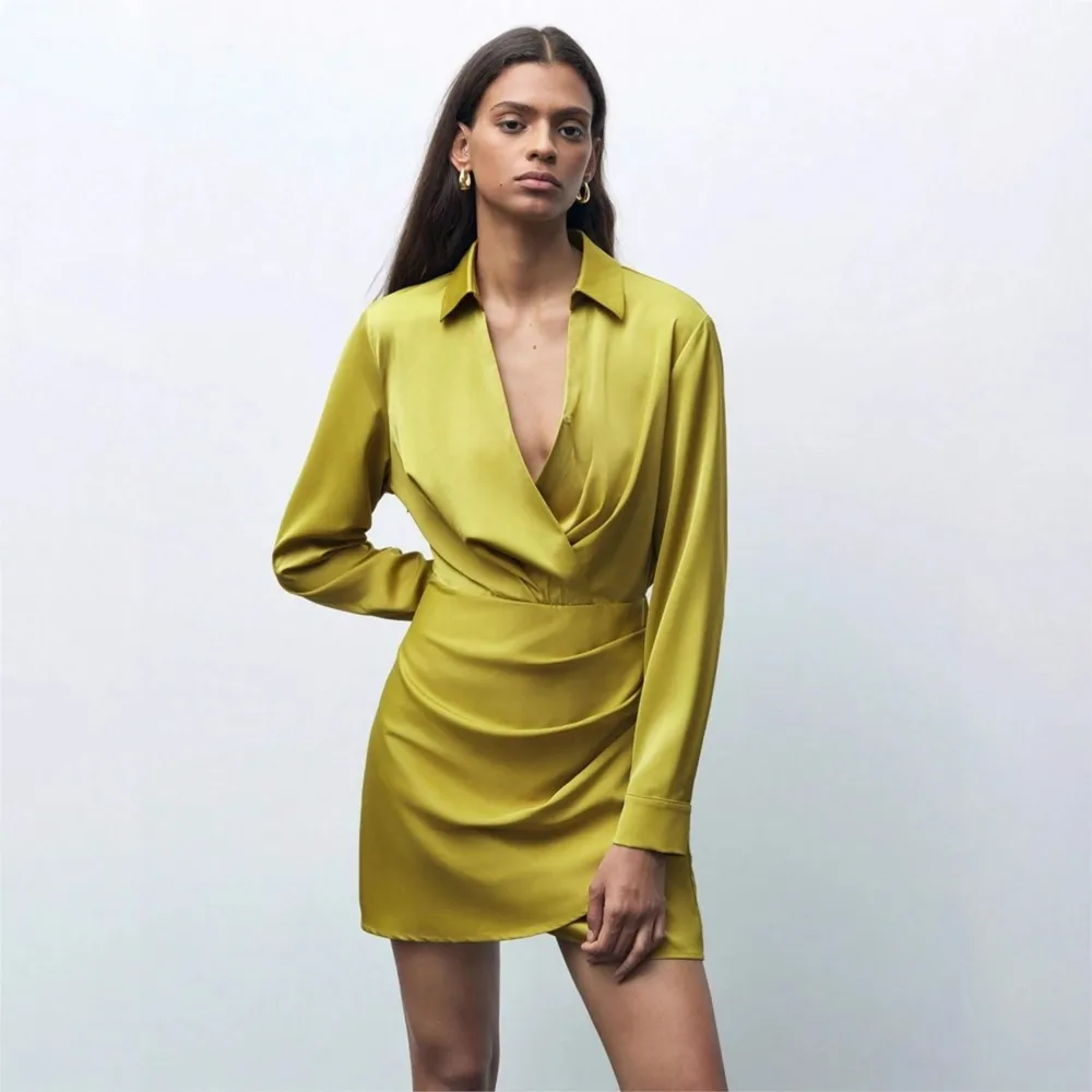 Spring Autumn New Satin Women's Long Sleeve Dress Fashion Pleated Elegant Female High Waist Dresses Short Skirt 2025