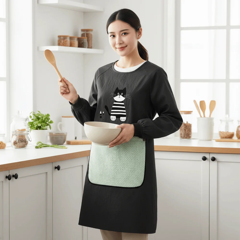 

Wear-resistant Kitchen Apron Comfortable Hand Wipe Feature Long Sleeved Apron Anti-fouling with Detachable Towel