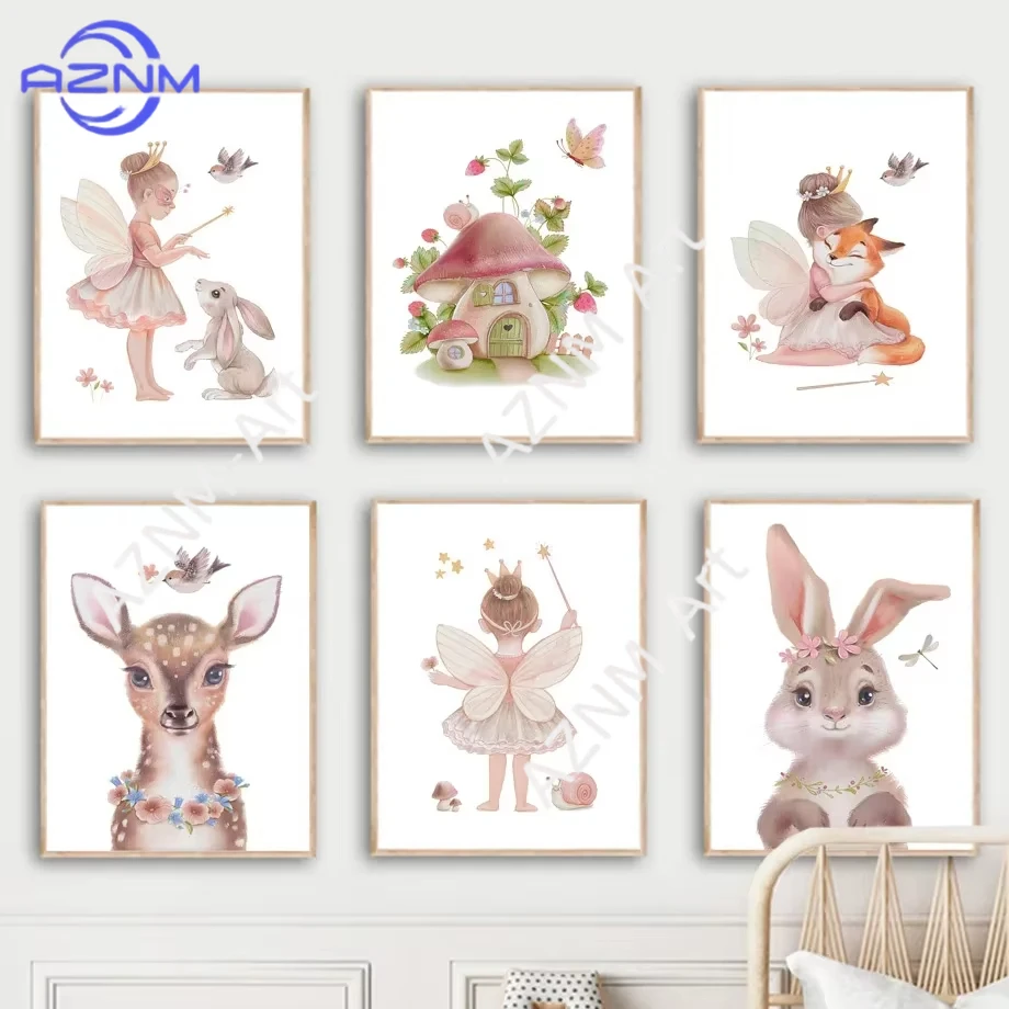 1/6 Stück nordische einfache Wandkunst mit niedlichen Cartoon-Tieren, Leinwanddruck-Poster, für Zuhause, Kinderzimmer, Kinderzimmer, Mädchenzimmer-Dekoration