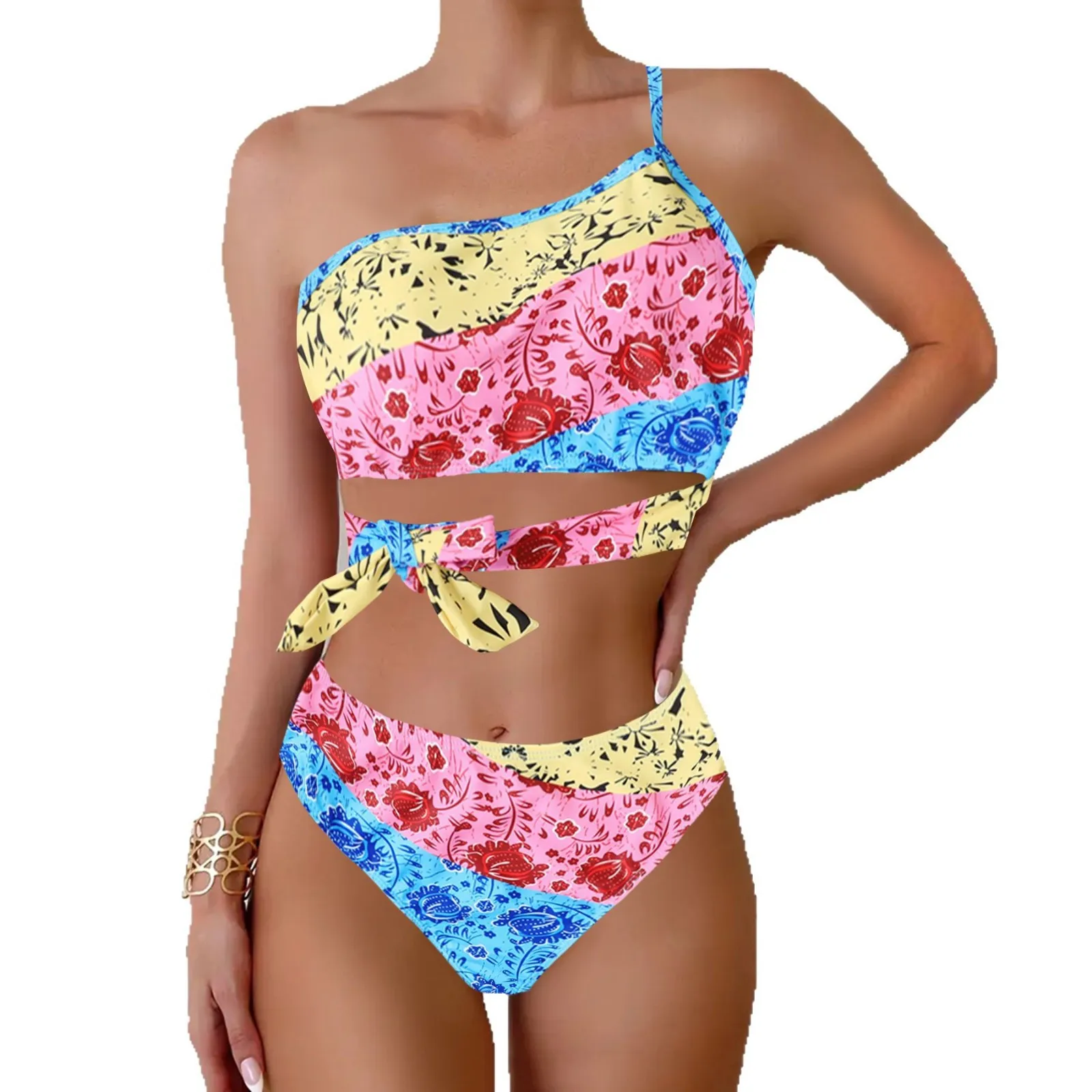2025 Sexy Women High Waist Bottom & Supportive Top Summer One Shoulder Asymmetrical Two Piece Swimsuit Fashion Beach Panties Set